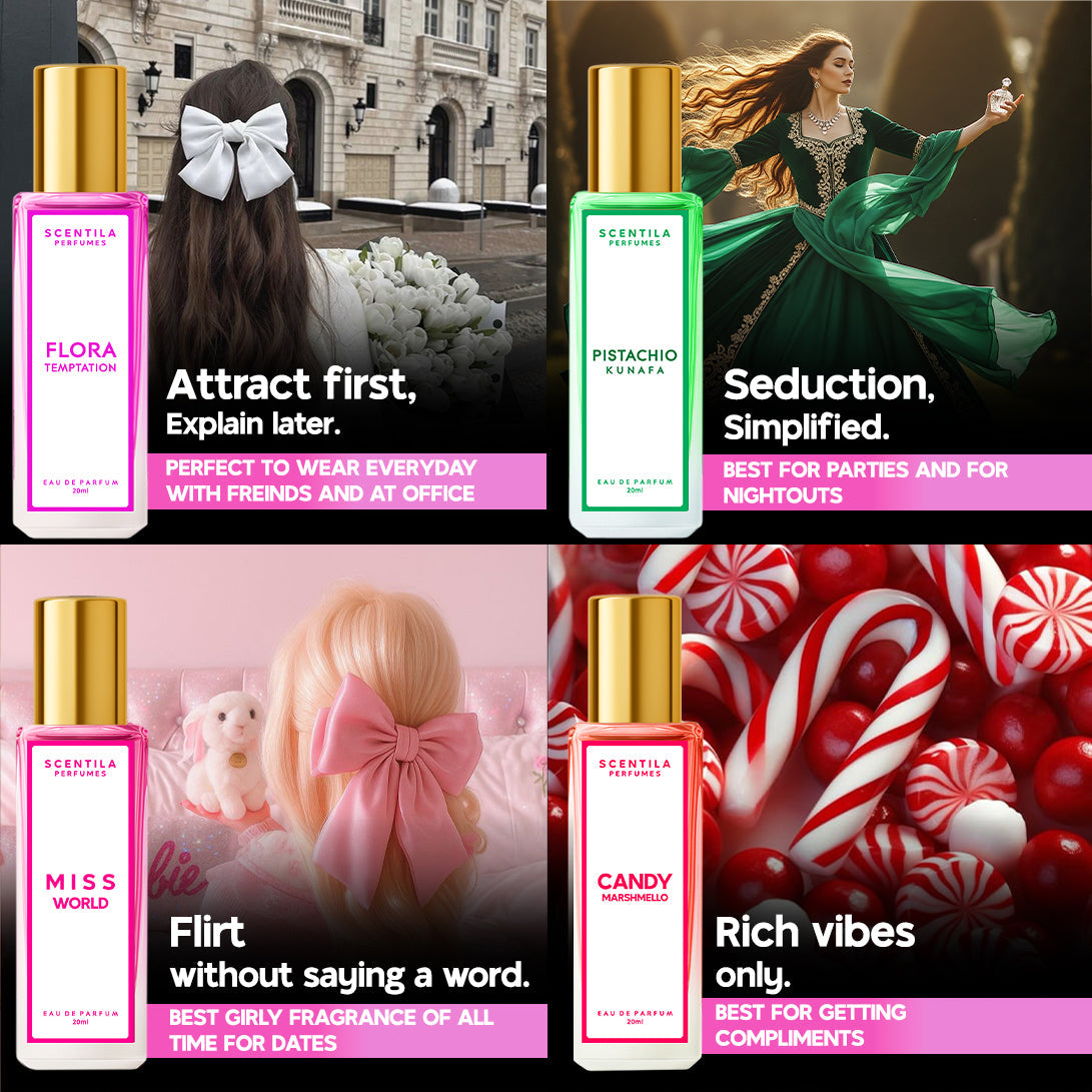 Luxury perfume set for woman  - Flora | Pistachio | Miss world | Candy